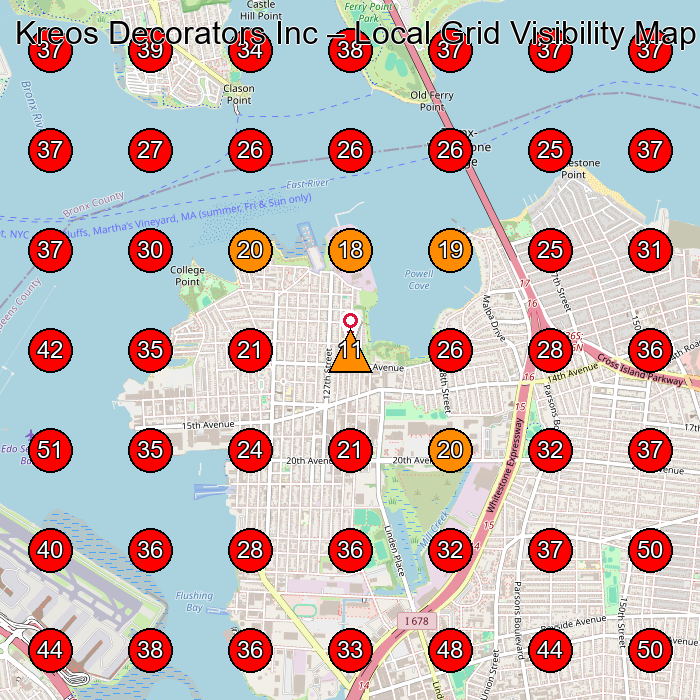 Kreos Decorators Inc GeoGrid visibility map for Construction Company in Queens